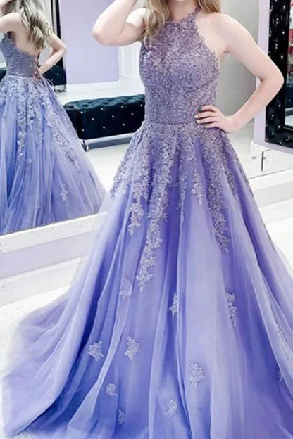 A-line Lavender Tulle Prom Dress with Open Back Long Evening Dresses