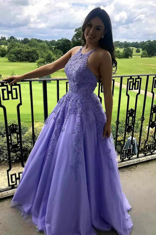 A-line Lavender Tulle Prom Dress with Open Back Long Evening Dresses
