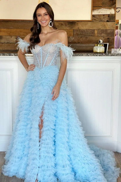 Hot Sale Beaded Feather Off-the-Shoulder Tiered Long Prom Dress with Slit