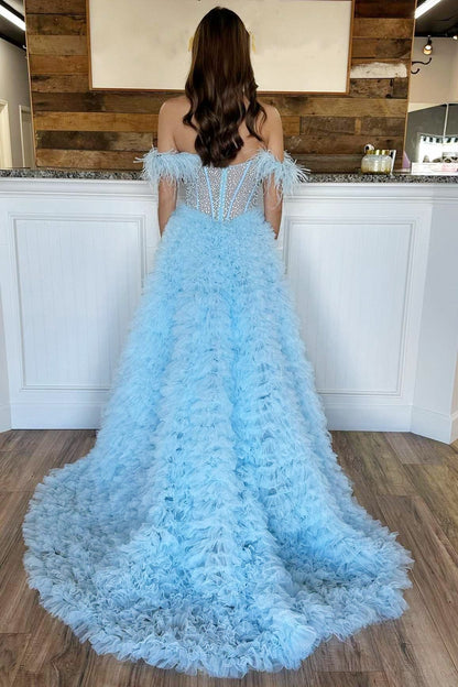 Hot Sale Beaded Feather Off-the-Shoulder Tiered Long Prom Dress with Slit