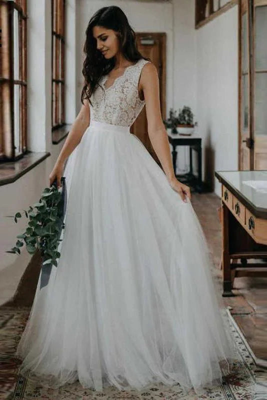 V Neck Lace Open Back Beautiful Wedding Dresses