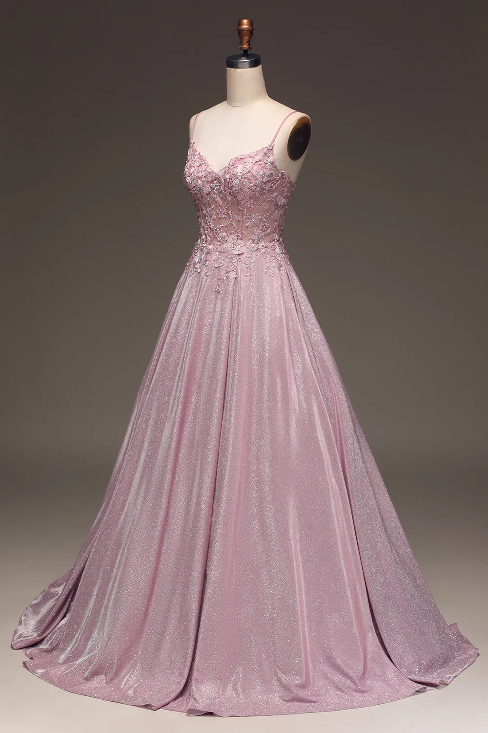 Amzcw Glitter Spaghetti Straps Blush Prom Dress with Beading
