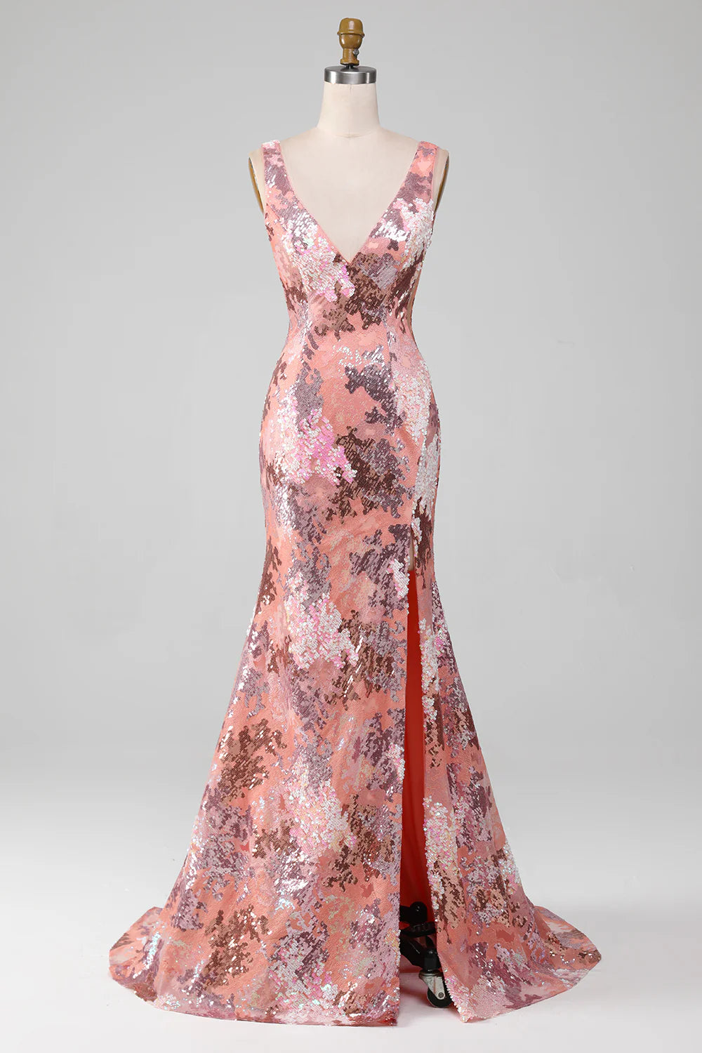 Amzcw Blush Sparkly Sequin Mermaid Long Prom Dress With Slit