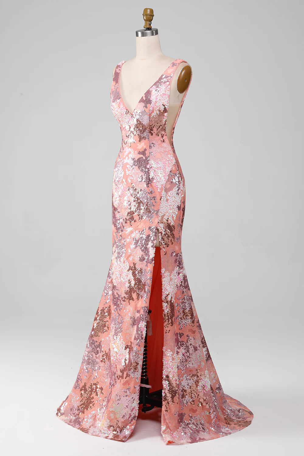 Amzcw Blush Sparkly Sequin Mermaid Long Prom Dress With Slit