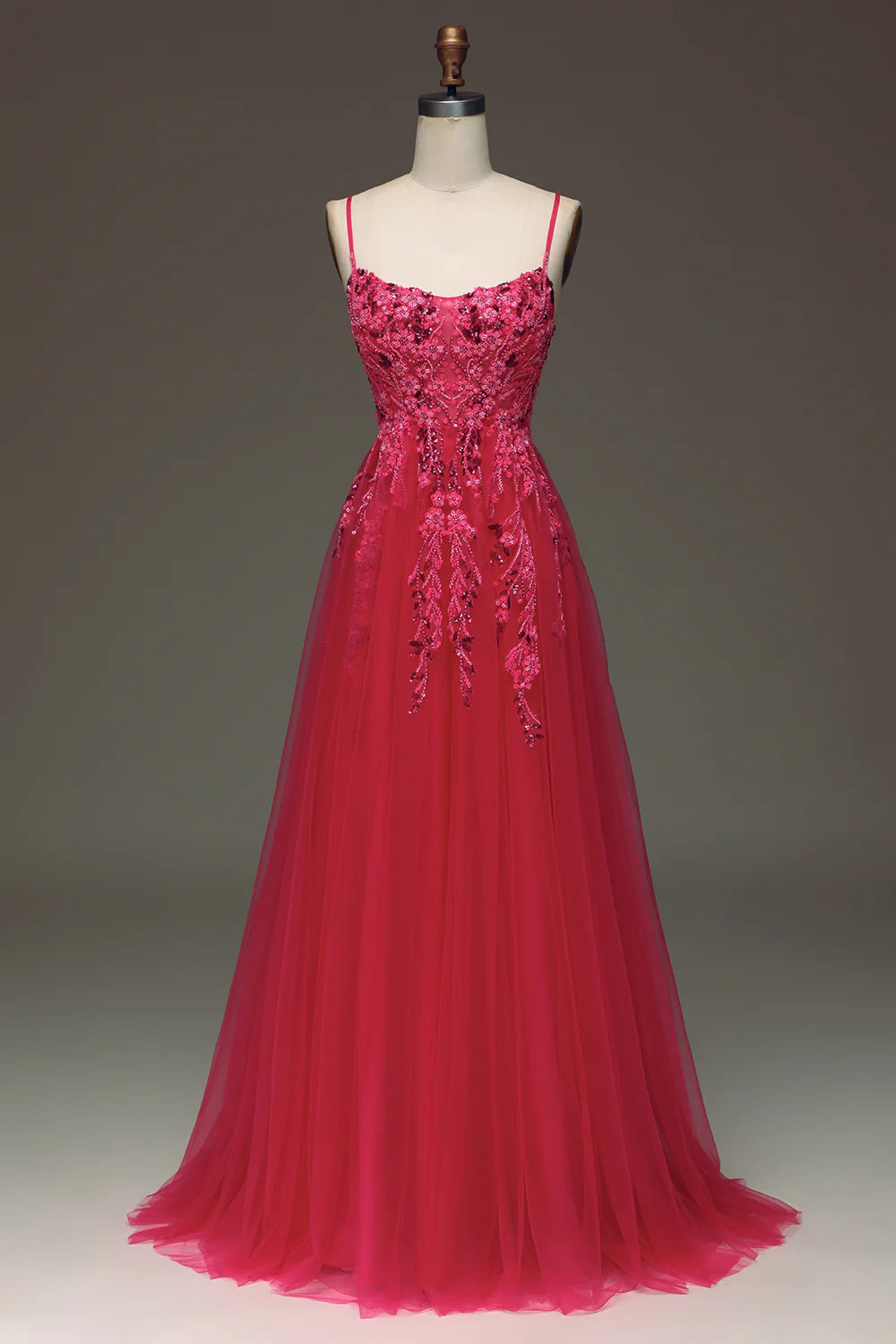 Amzcw Spaghetti Straps A Line Red Prom Dress with Appliques