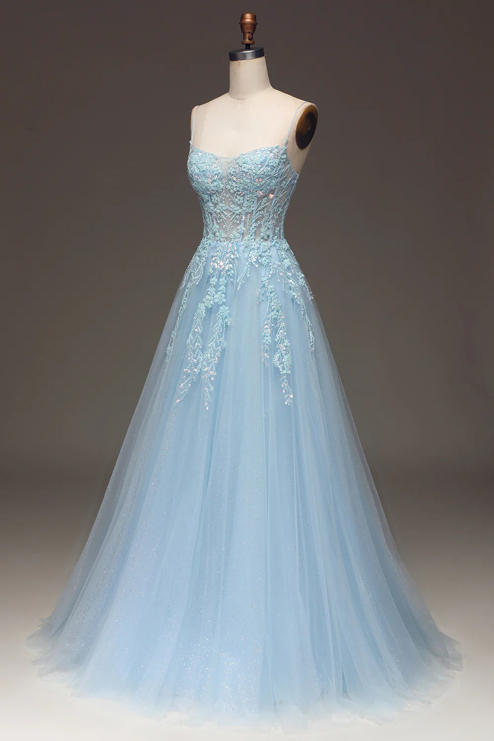 Amzcw A Line Light Blue Sequin Spaghetti Straps Prom Dress With Appliques
