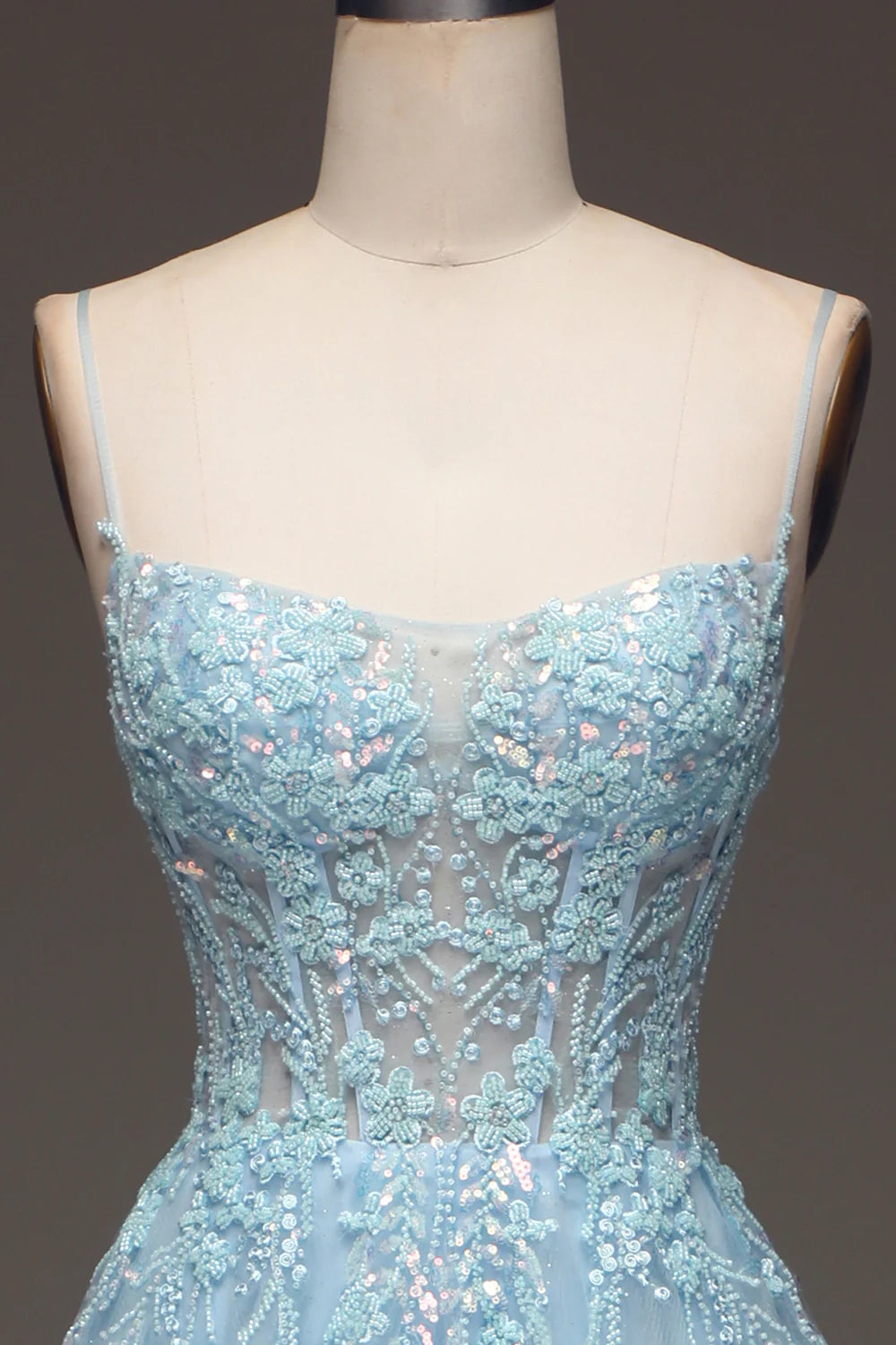 Amzcw A Line Light Blue Sequin Spaghetti Straps Prom Dress With Appliques