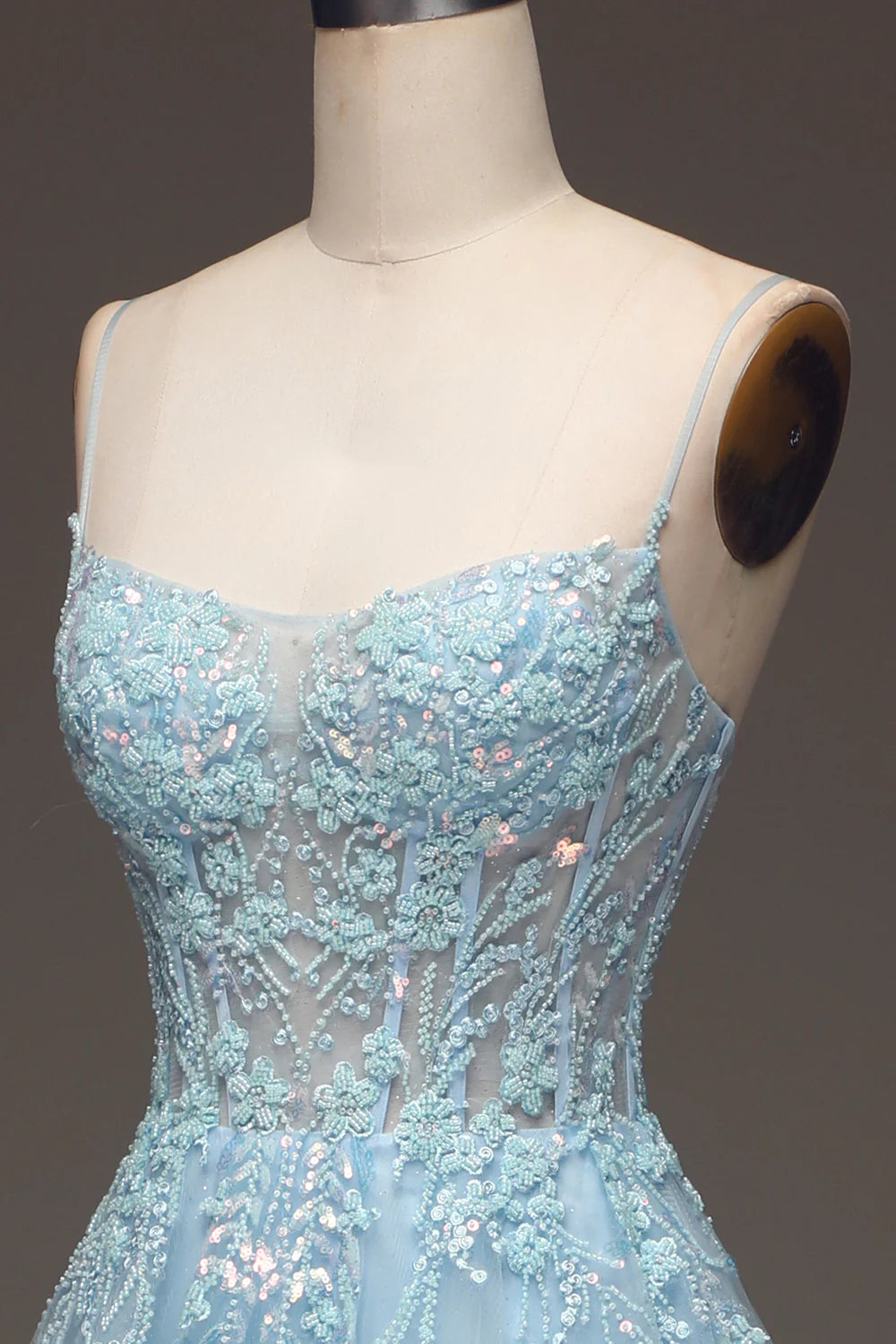 Amzcw A Line Light Blue Sequin Spaghetti Straps Prom Dress With Appliques