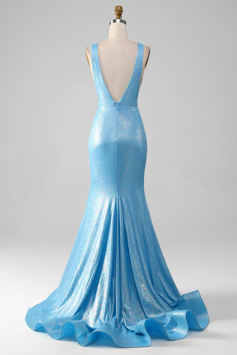 Amzcw Glitter Blue V-neck Mermaid Prom Dress