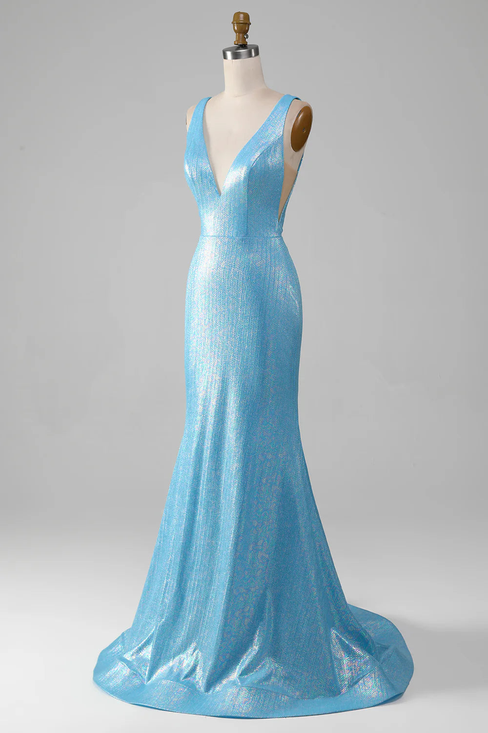 Amzcw Glitter Blue V-neck Mermaid Prom Dress