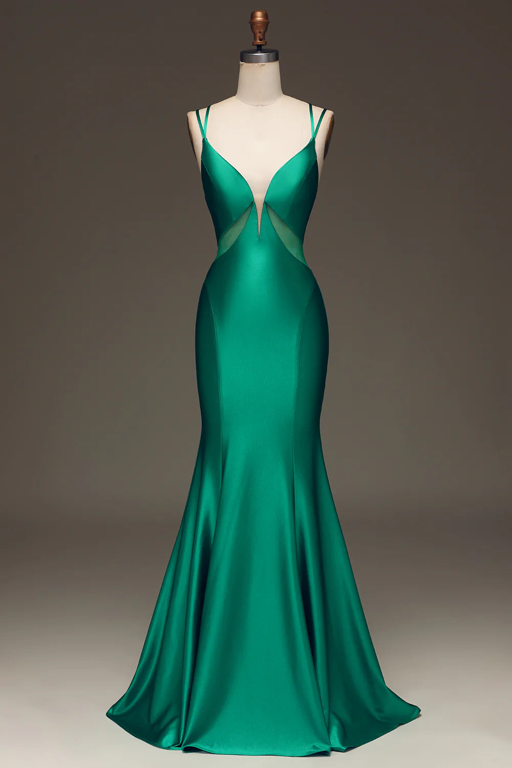 Amzcw Green Deep V-neck Satin Mermaid Prom Dress with Lace-up Back