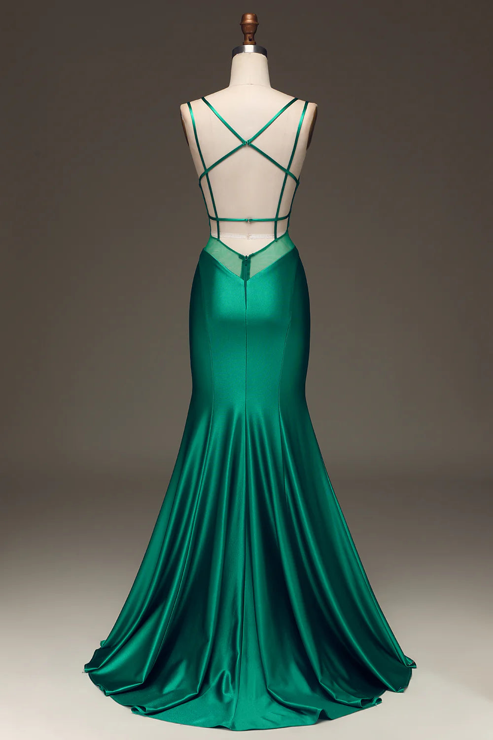 Amzcw Green Deep V-neck Satin Mermaid Prom Dress with Lace-up Back