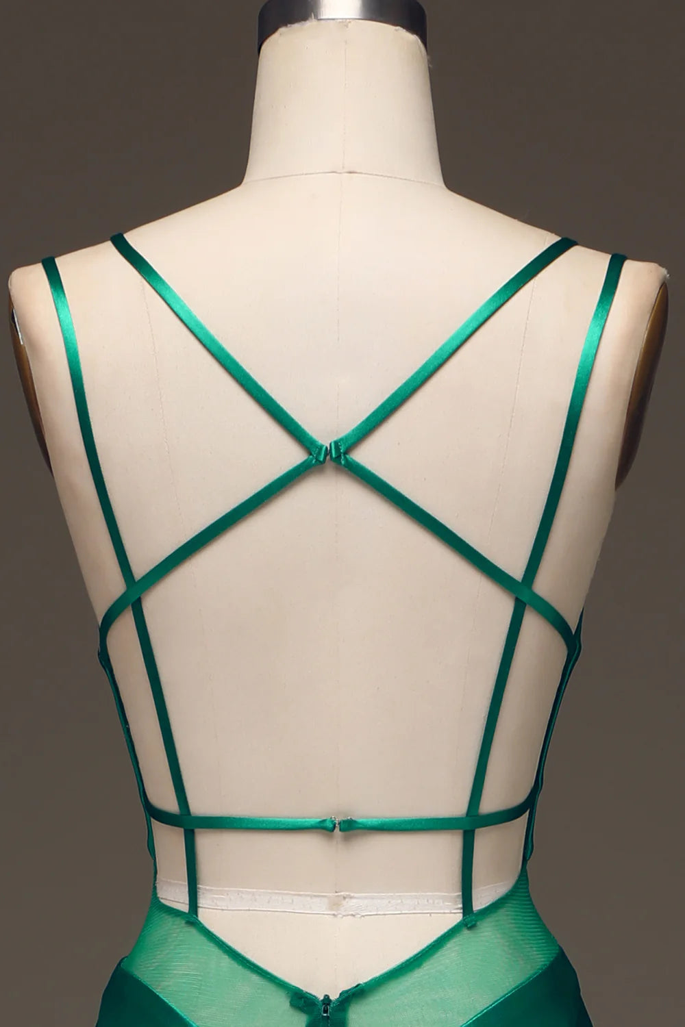 Amzcw Green Deep V-neck Satin Mermaid Prom Dress with Lace-up Back