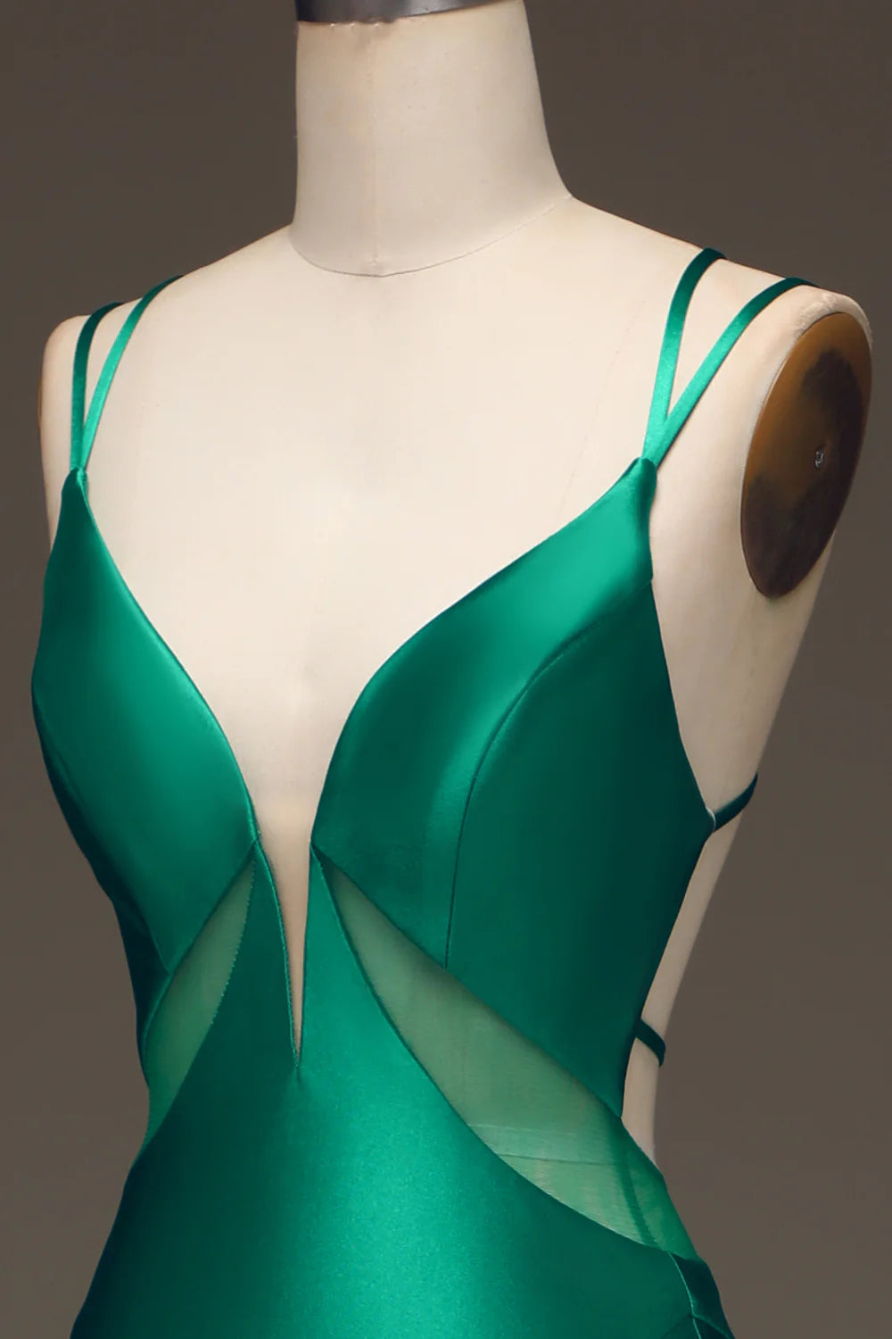 Amzcw Green Deep V-neck Satin Mermaid Prom Dress with Lace-up Back