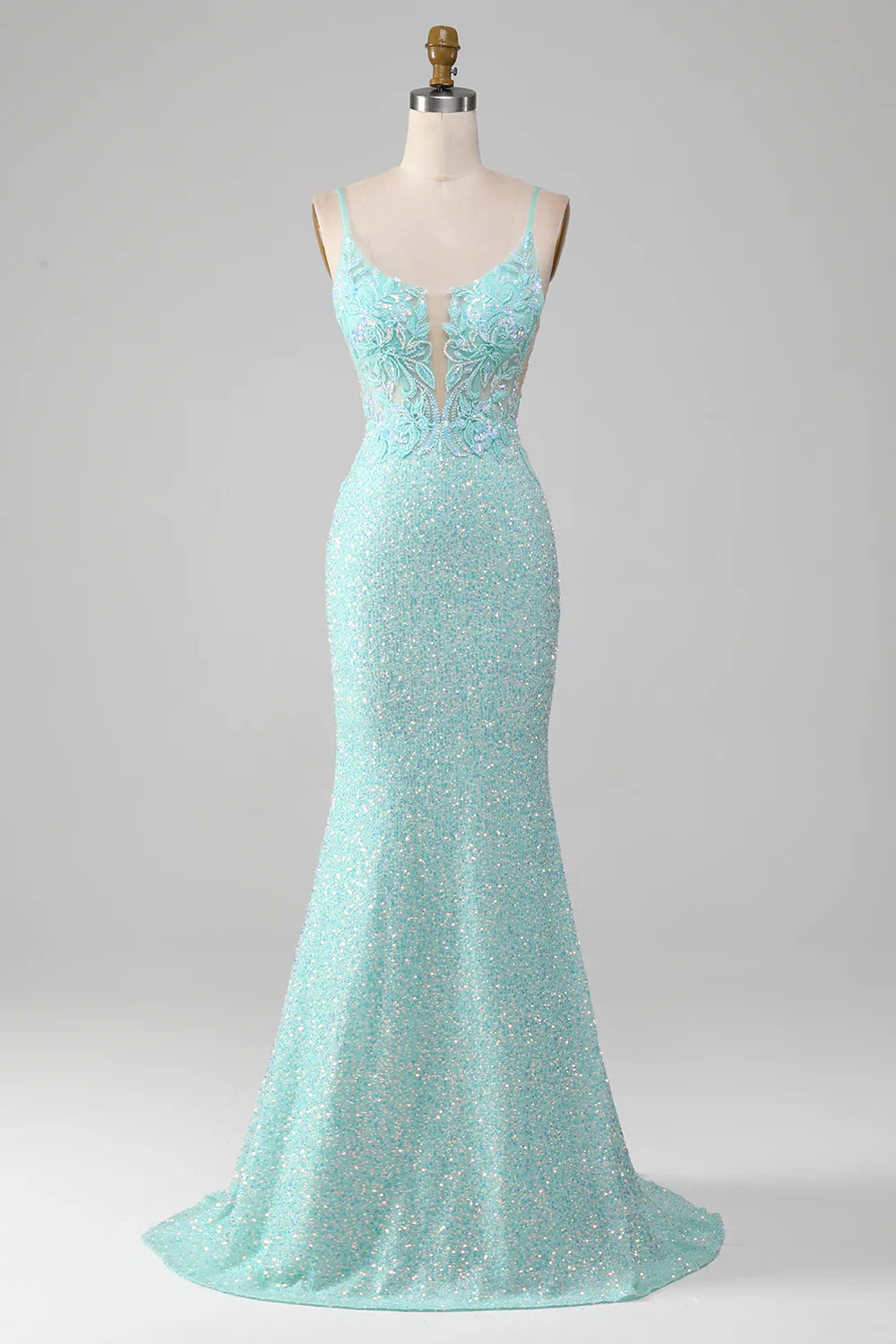 Amzcw Sequins Light Green Sparkly Mermaid Prom Dress with Slit