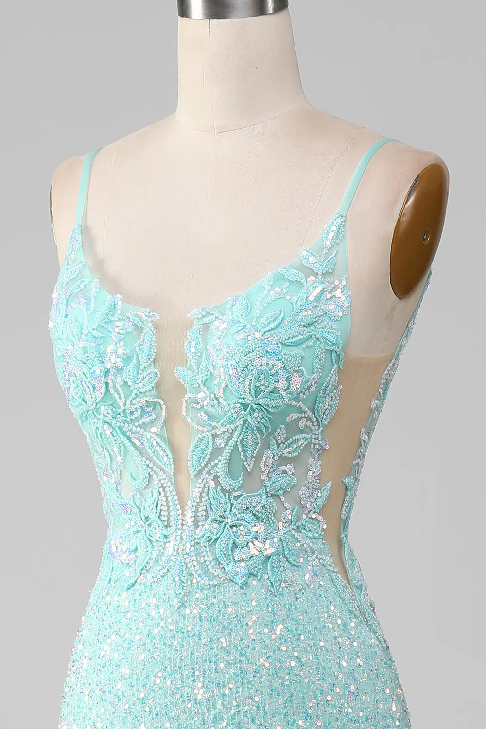 Amzcw Sequins Light Green Sparkly Mermaid Prom Dress with Slit