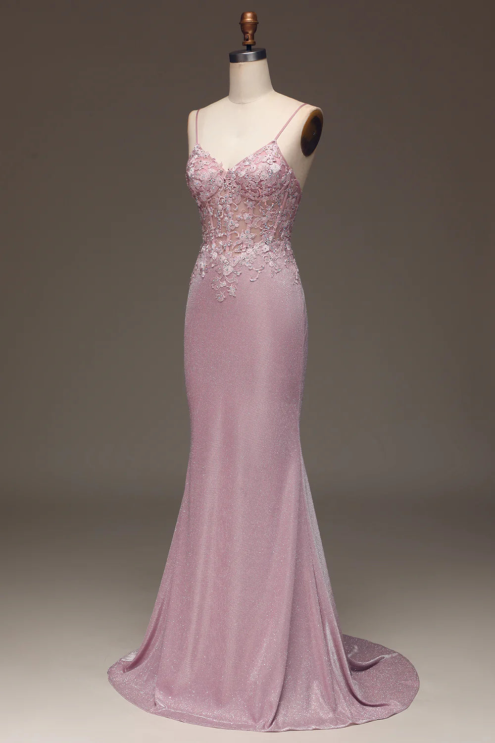 Amzcw Glitter Blush Mermaid Spaghetti Straps Long Prom Dress with Beading