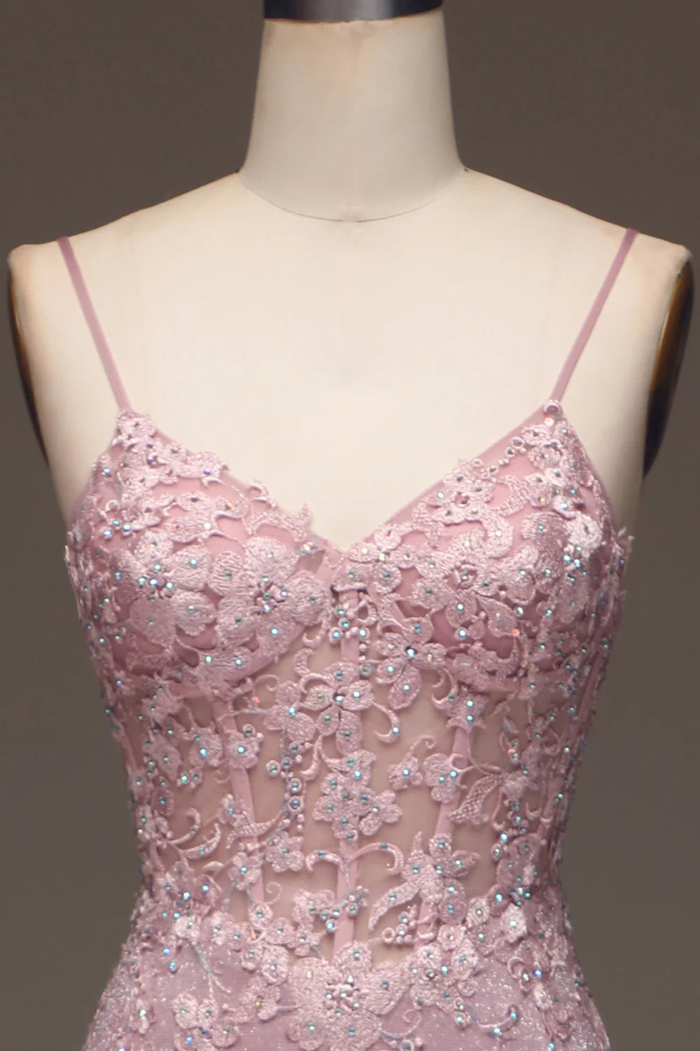 Amzcw Glitter Blush Mermaid Spaghetti Straps Long Prom Dress with Beading