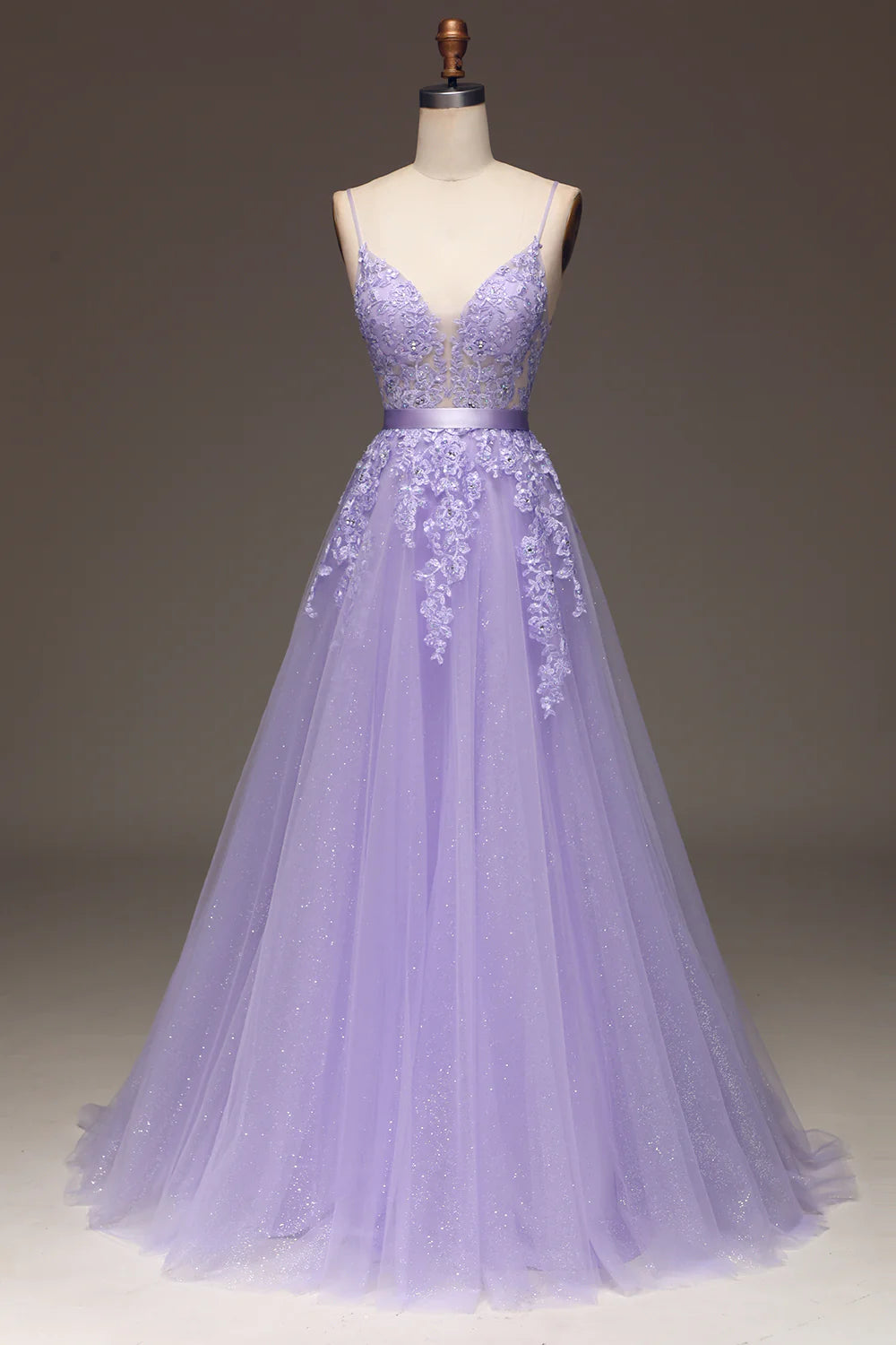 Amzcw Purple A-Line Spaghetti Straps Long Beaded and Tulle Prom Dress with Appliques