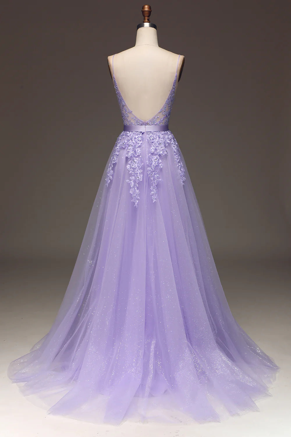 Amzcw Purple A-Line Spaghetti Straps Long Beaded and Tulle Prom Dress with Appliques