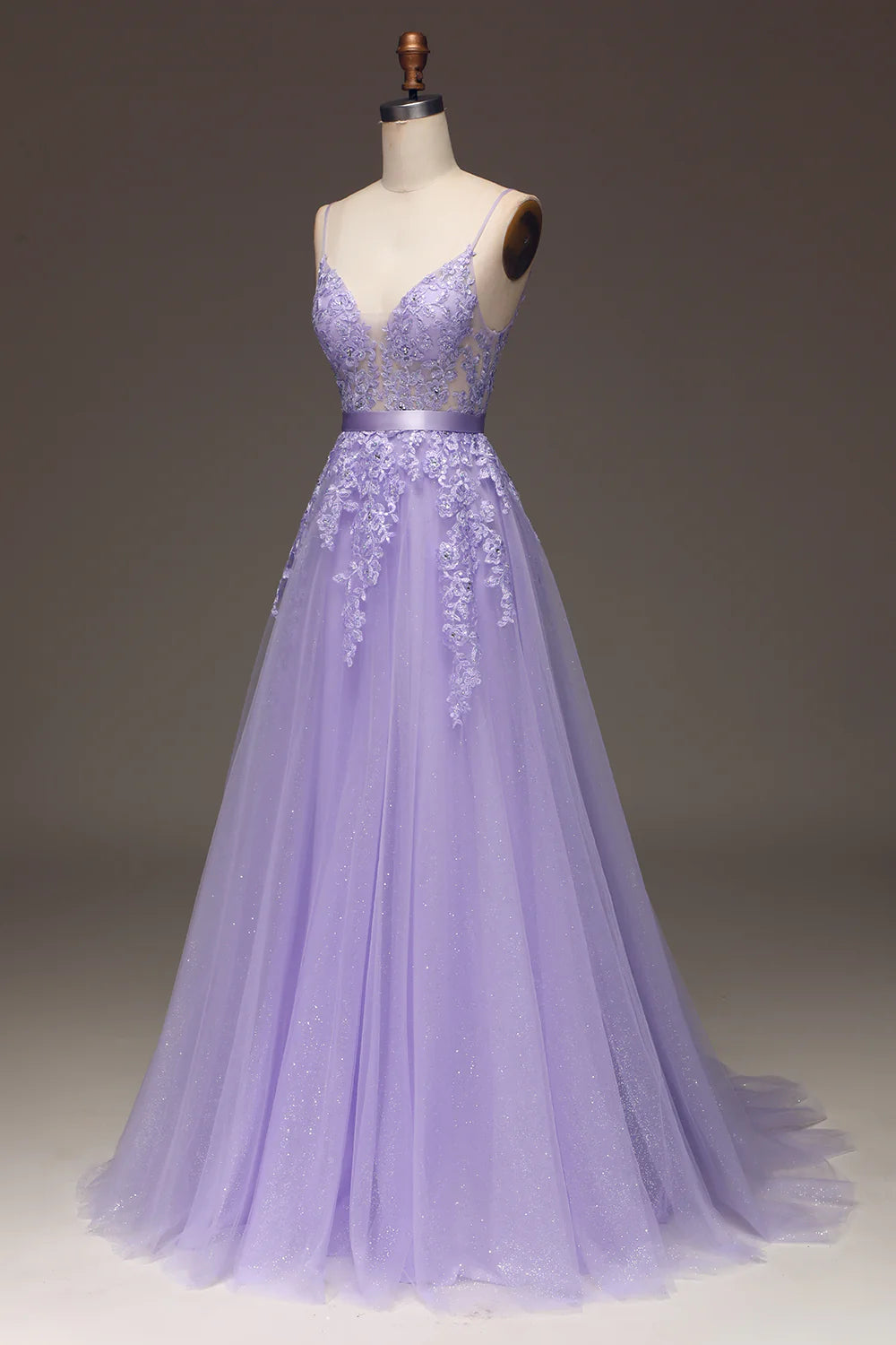 Amzcw Purple A-Line Spaghetti Straps Long Beaded and Tulle Prom Dress with Appliques