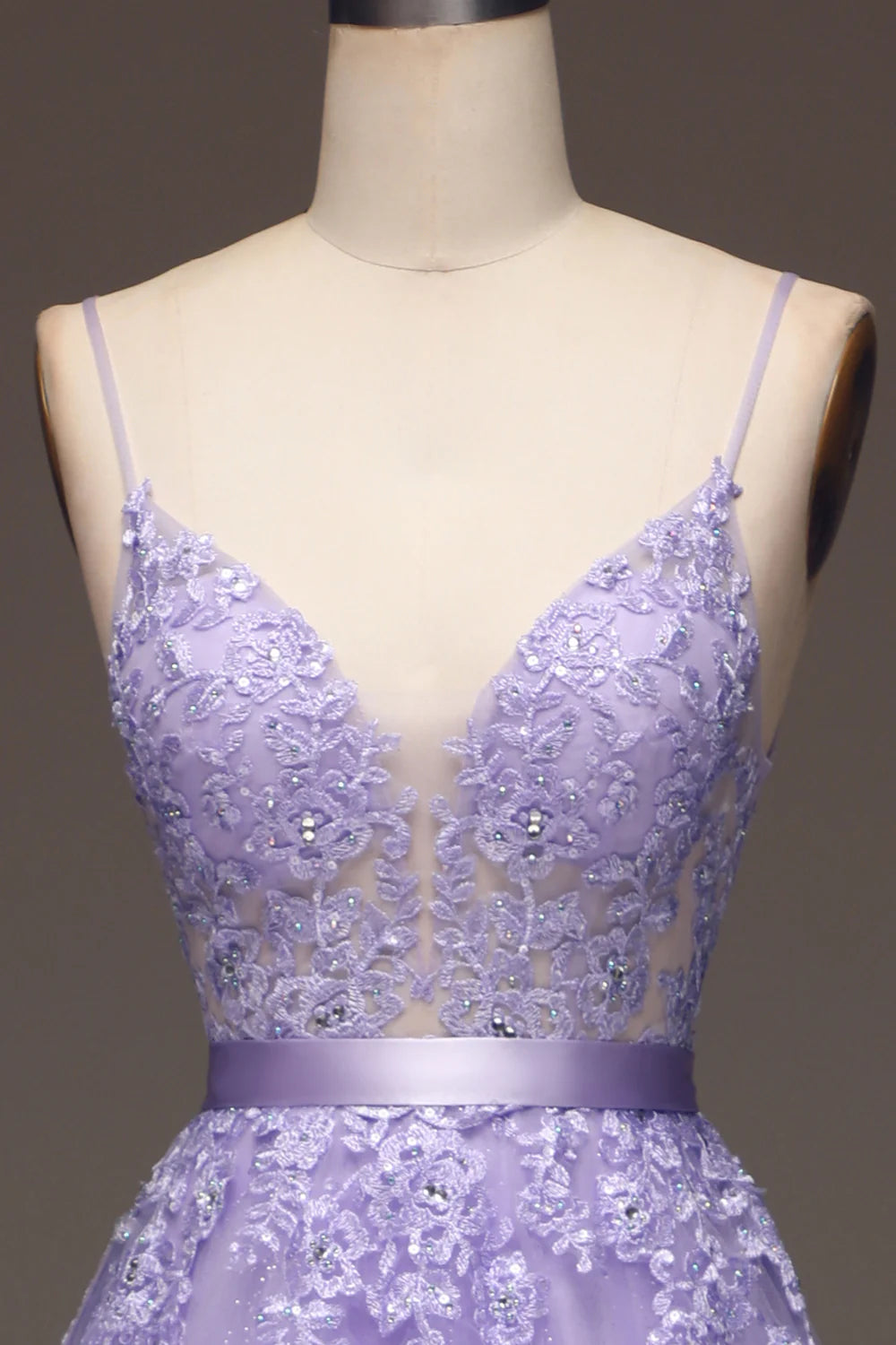 Amzcw Purple A-Line Spaghetti Straps Long Beaded and Tulle Prom Dress with Appliques