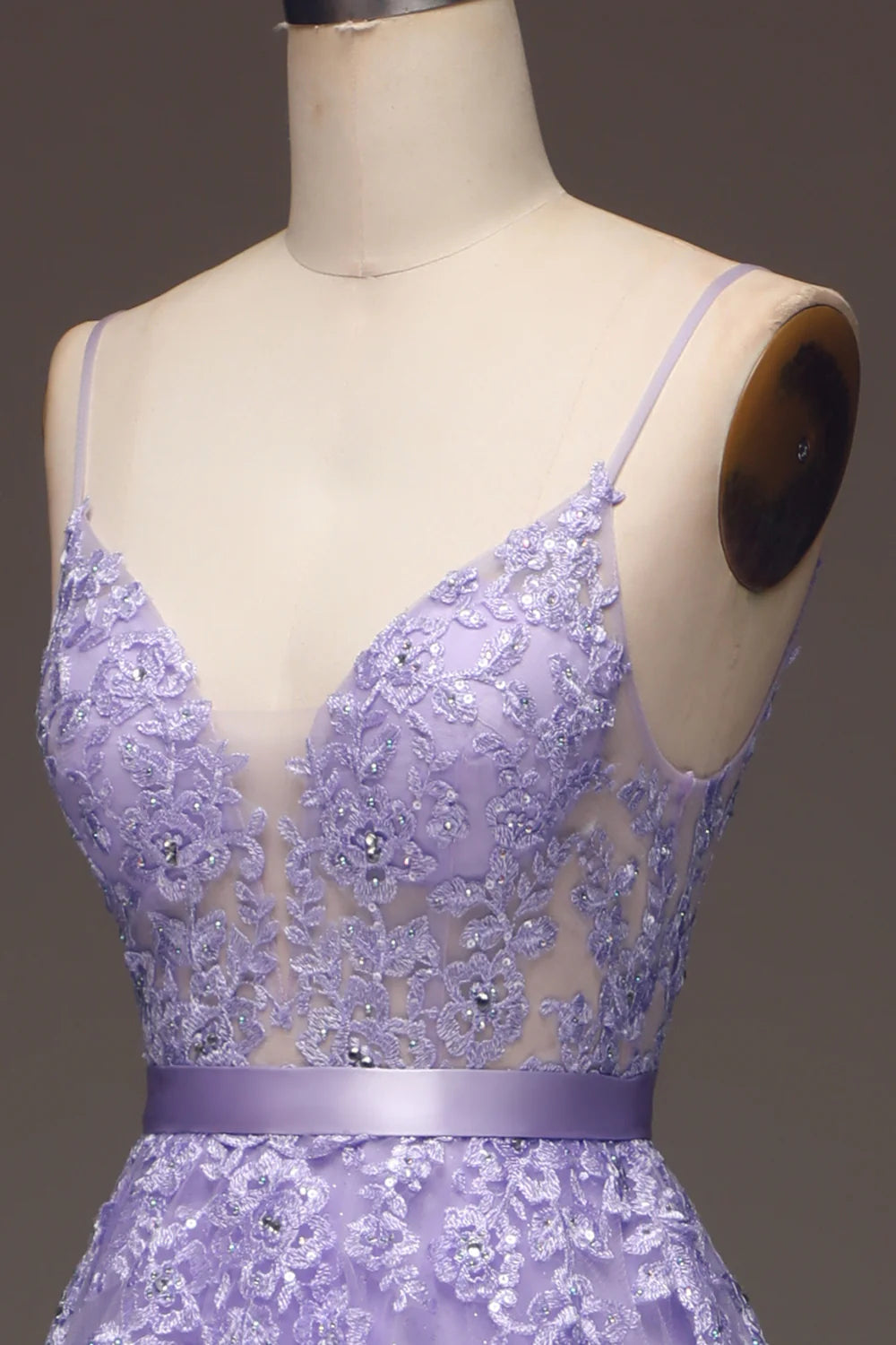 Amzcw Purple A-Line Spaghetti Straps Long Beaded and Tulle Prom Dress with Appliques