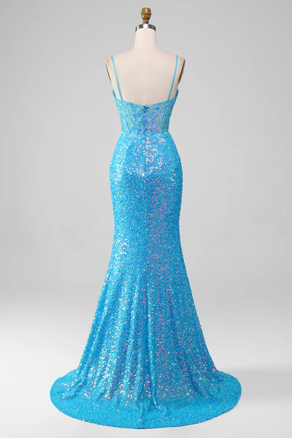 Amzcw Spaghetti Straps Blue Sparkly Corset Prom Dress with Slit