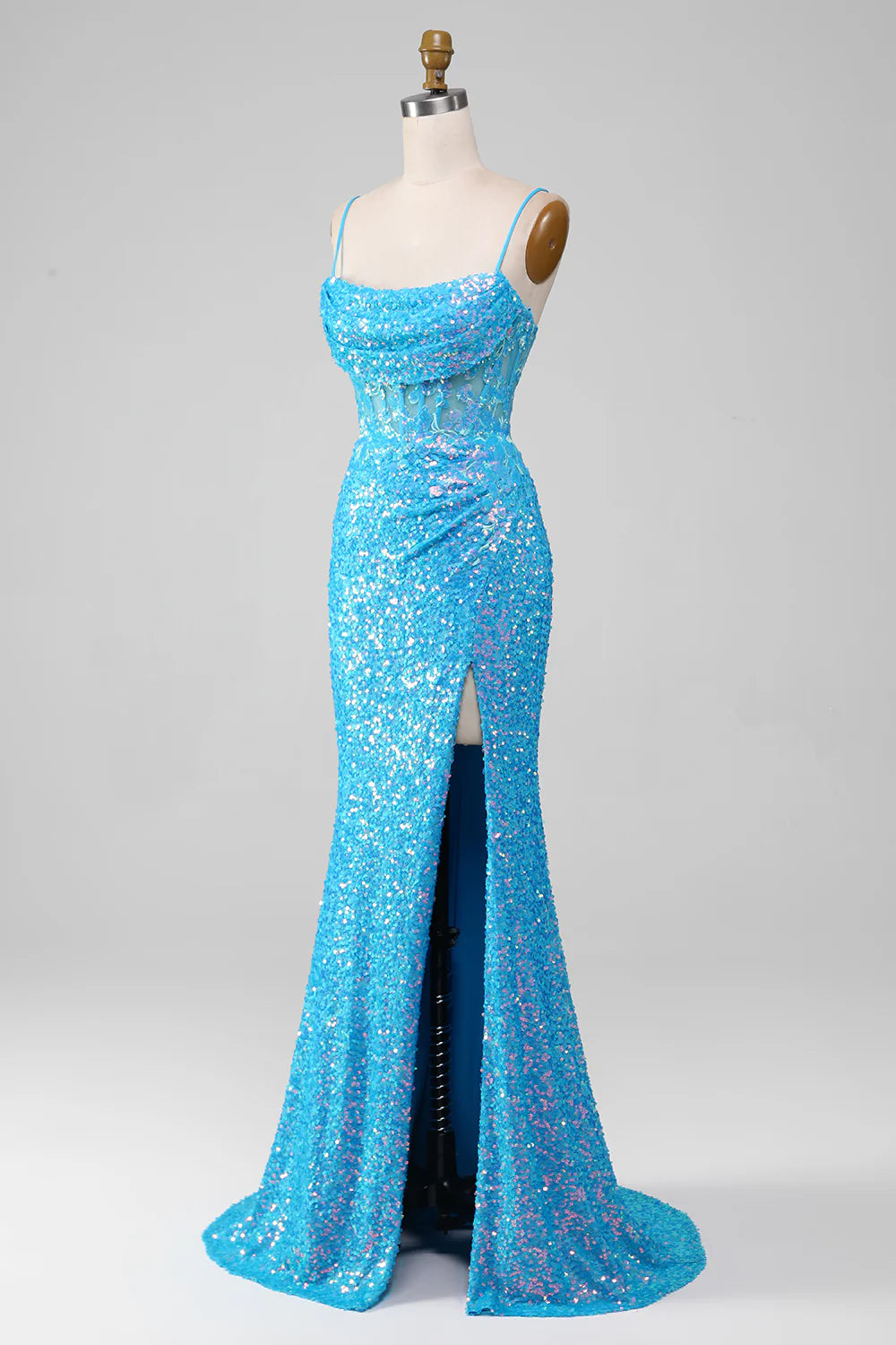 Amzcw Spaghetti Straps Blue Sparkly Corset Prom Dress with Slit