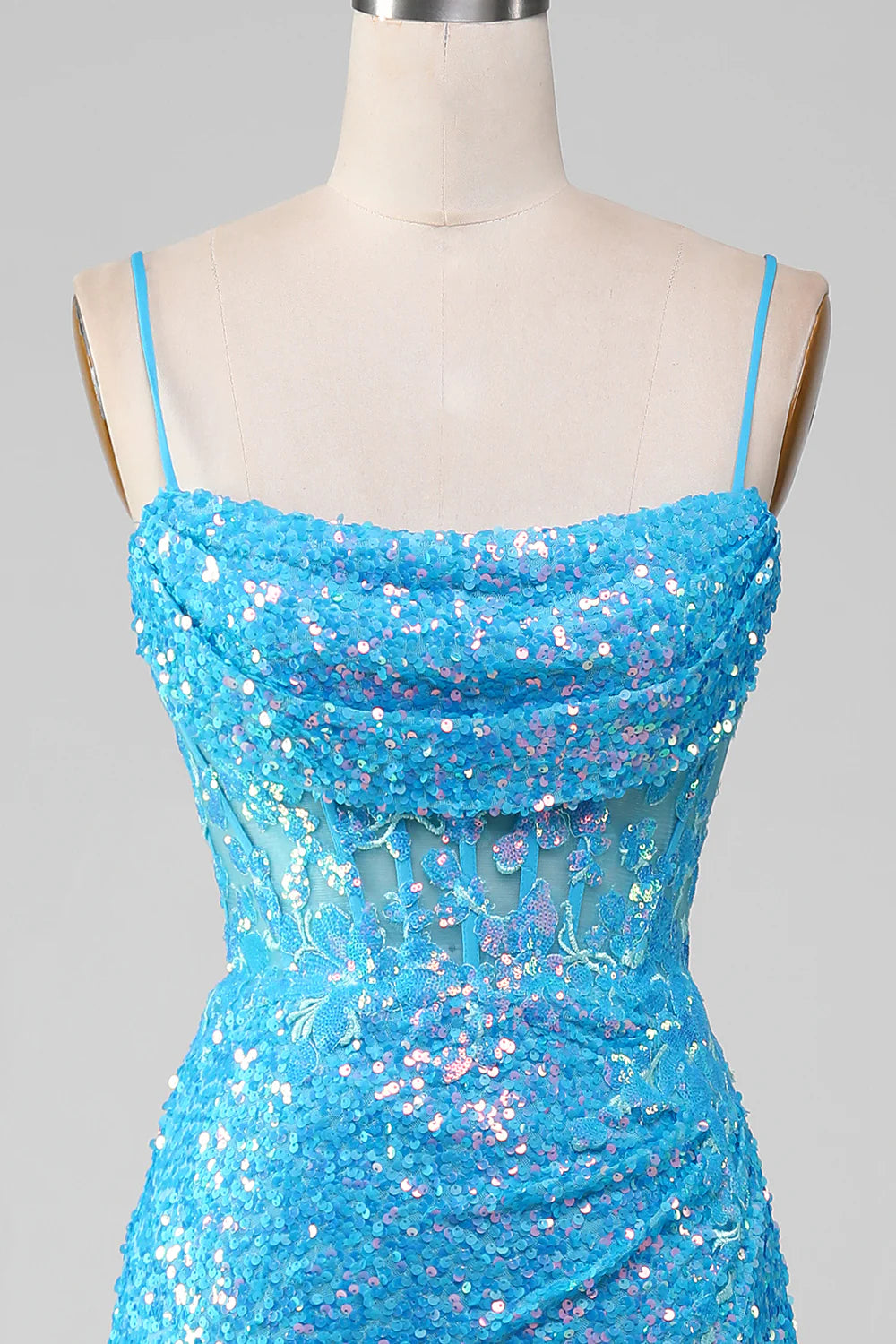 Amzcw Spaghetti Straps Blue Sparkly Corset Prom Dress with Slit