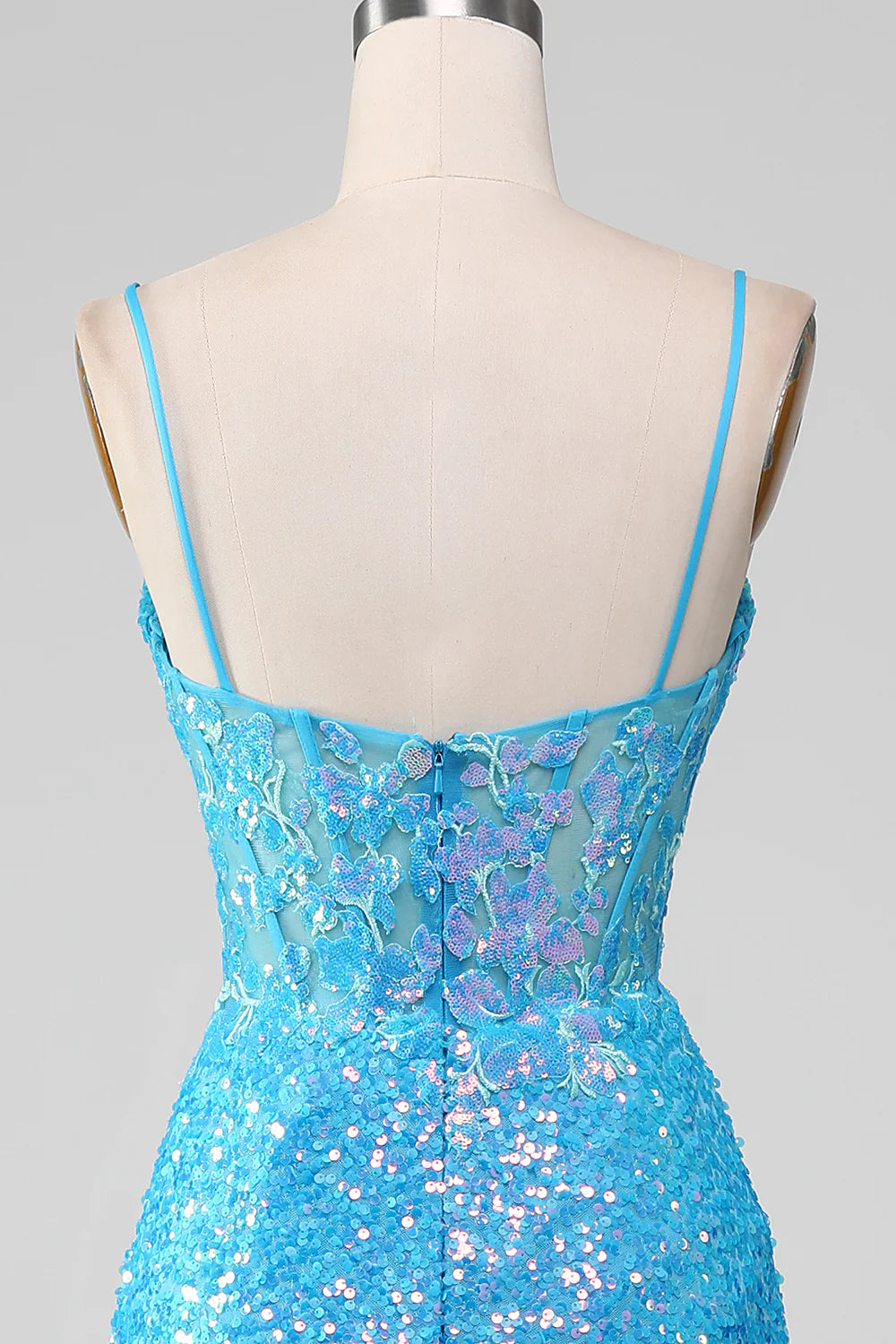 Amzcw Spaghetti Straps Blue Sparkly Corset Prom Dress with Slit