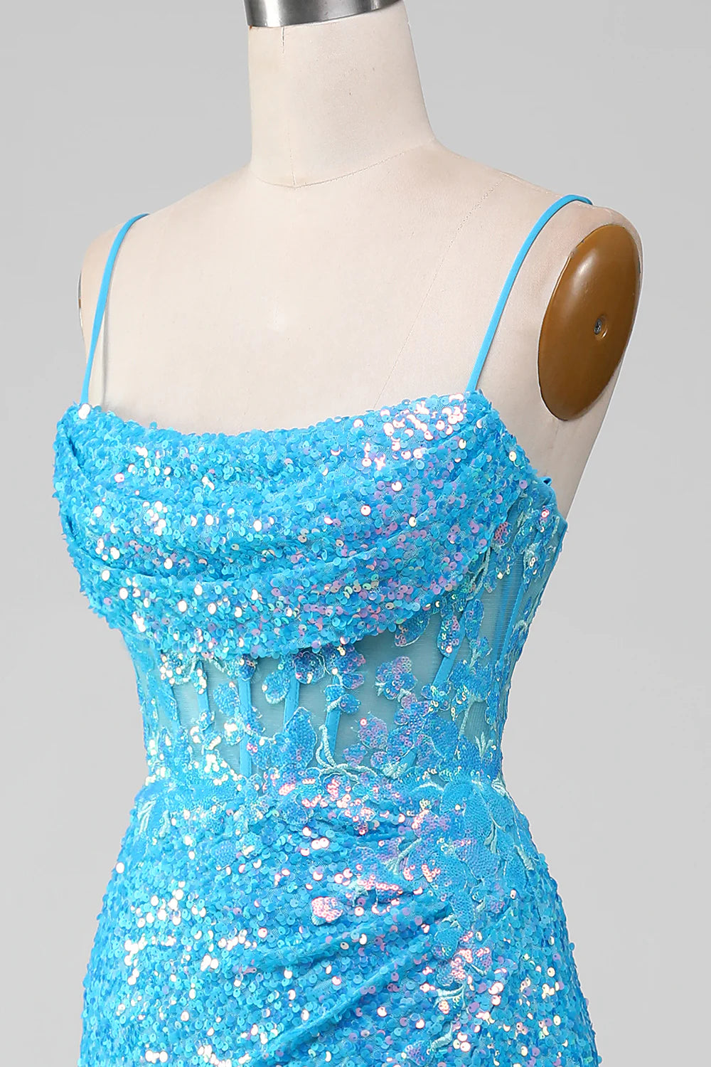 Amzcw Spaghetti Straps Blue Sparkly Corset Prom Dress with Slit