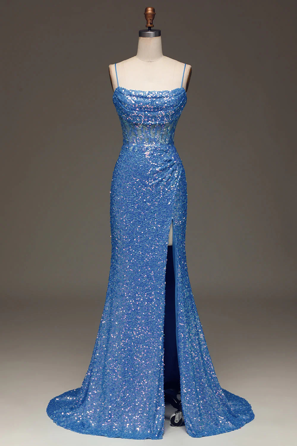Amzcw Sparkly Blue Spaghetti Straps Corset Prom Dress with Slit