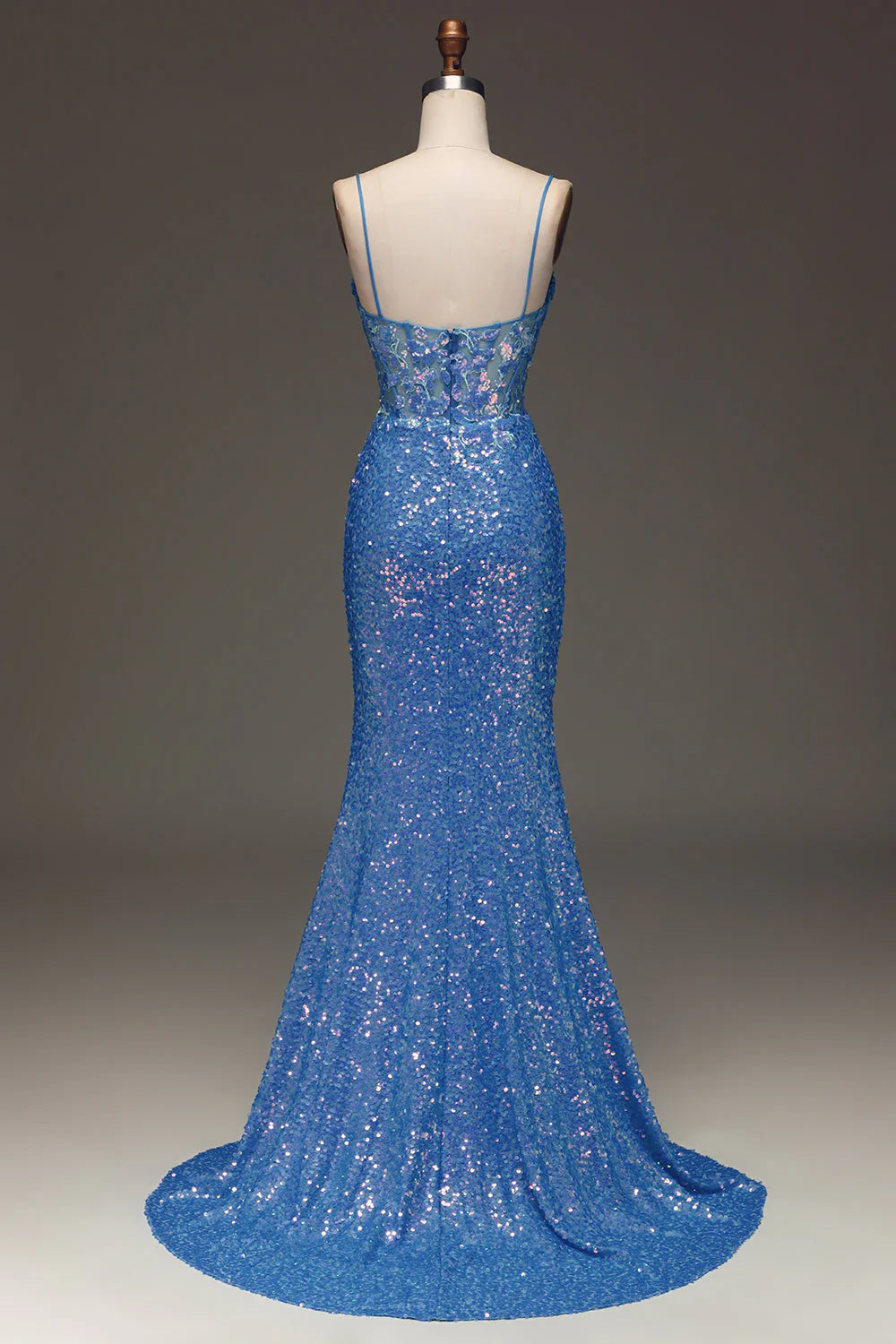 Amzcw Sparkly Blue Spaghetti Straps Corset Prom Dress with Slit