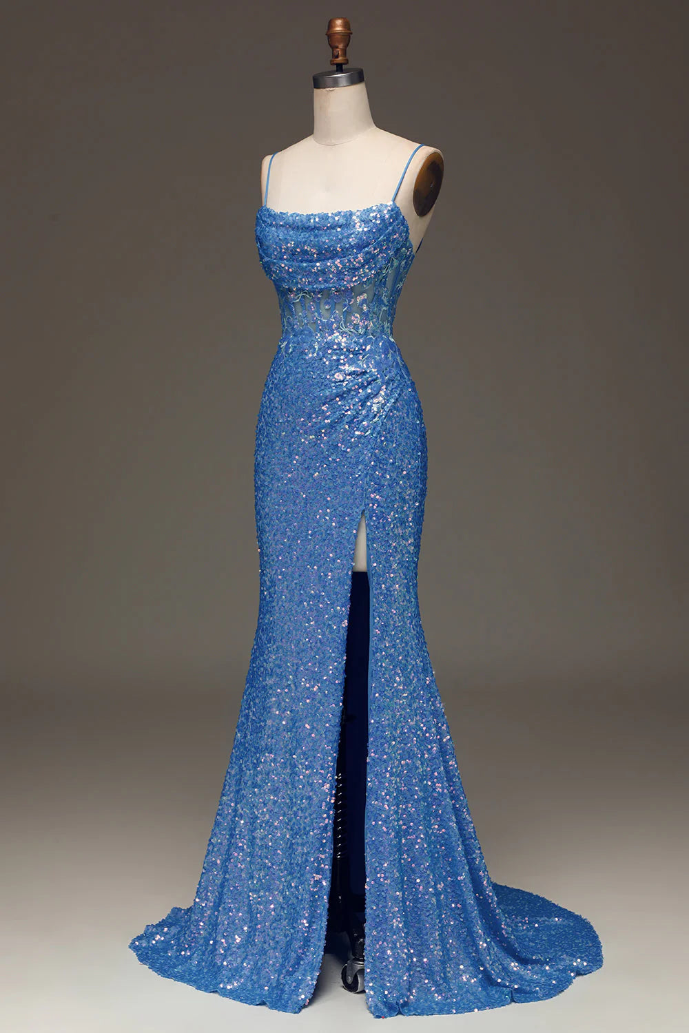 Amzcw Sparkly Blue Spaghetti Straps Corset Prom Dress with Slit