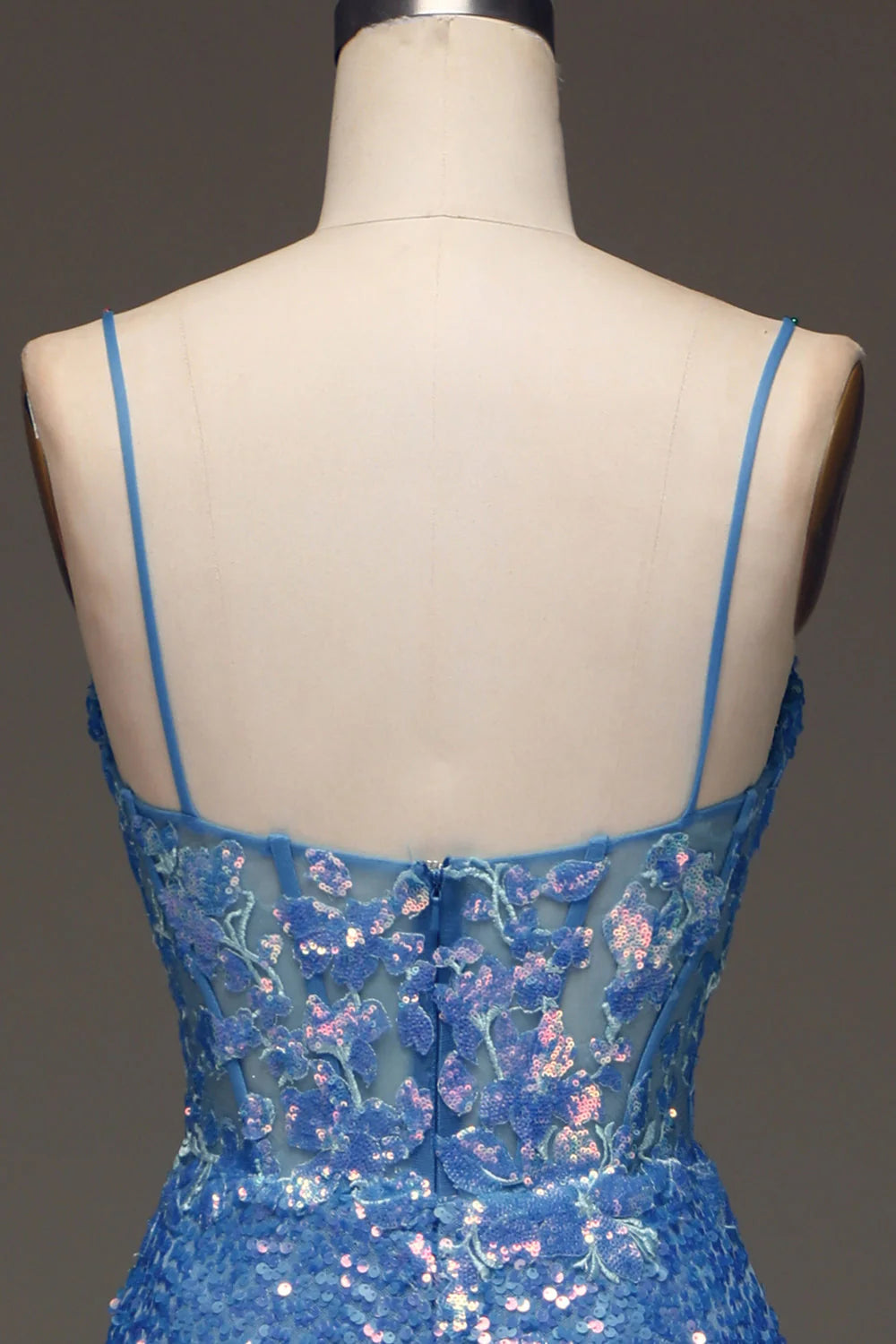 Amzcw Sparkly Blue Spaghetti Straps Corset Prom Dress with Slit