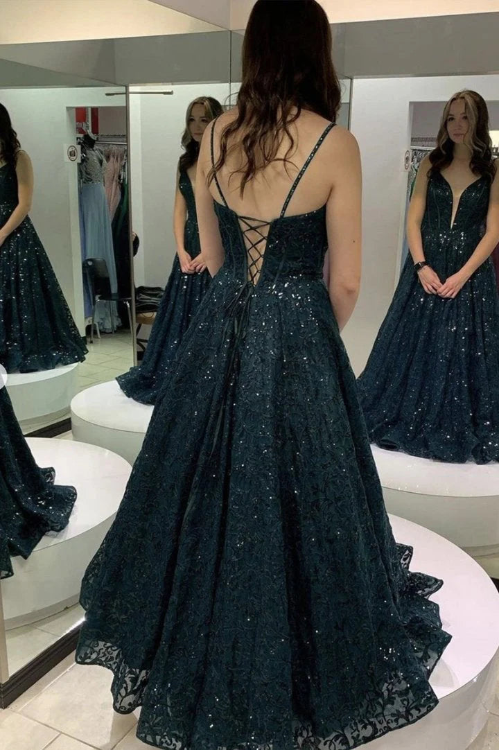 A-Line Tulle Lace With Sequin Long Prom Dresses