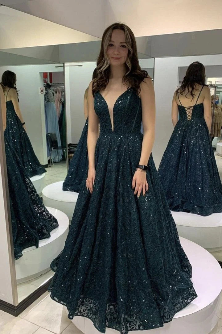 A-Line Tulle Lace With Sequin Long Prom Dresses