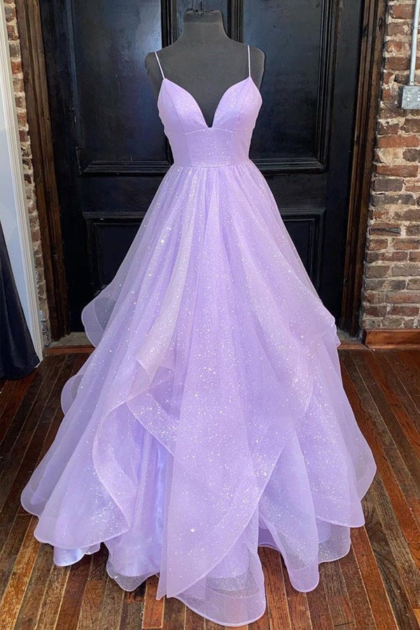 Lavender Floor Length V Neck Tulle Prom Dresses With Sequin A Line