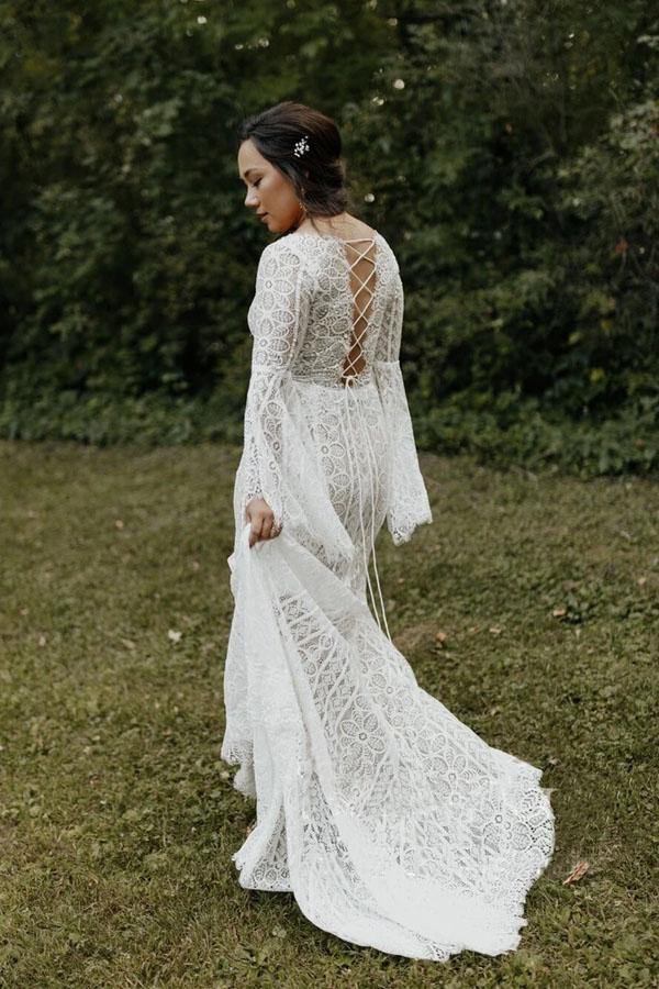 Long Sleeve Lace Fashion Wedding Dress Sexy Custom Made Bride Dress