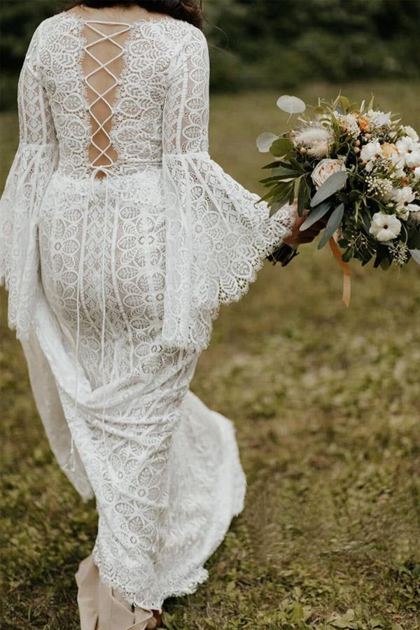 Long Sleeve Lace Fashion Wedding Dress Sexy Custom Made Bride Dress