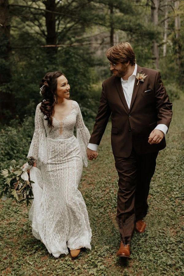 Long Sleeve Lace Fashion Wedding Dress Sexy Custom Made Bride Dress