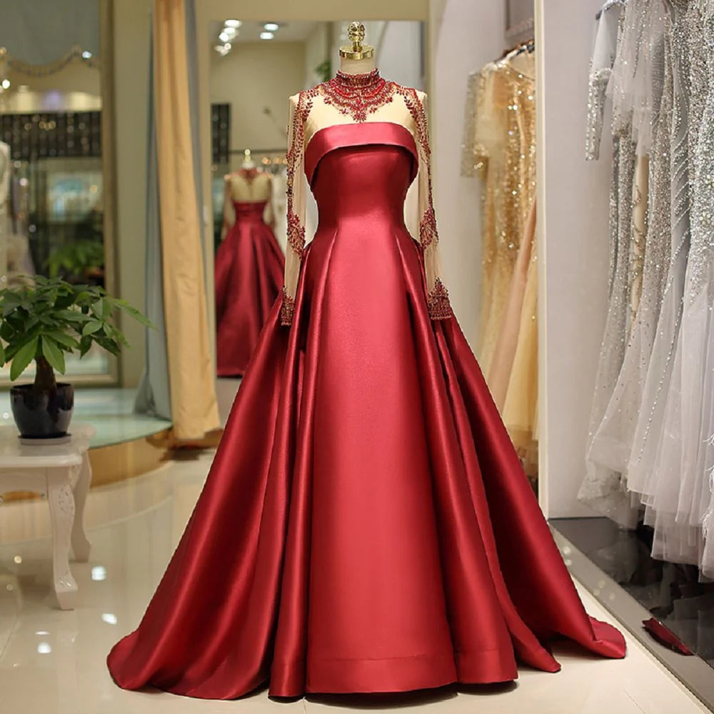 Long Sleeve Prom Dresses High Neck Long Prom Dress Satin Evening Dress