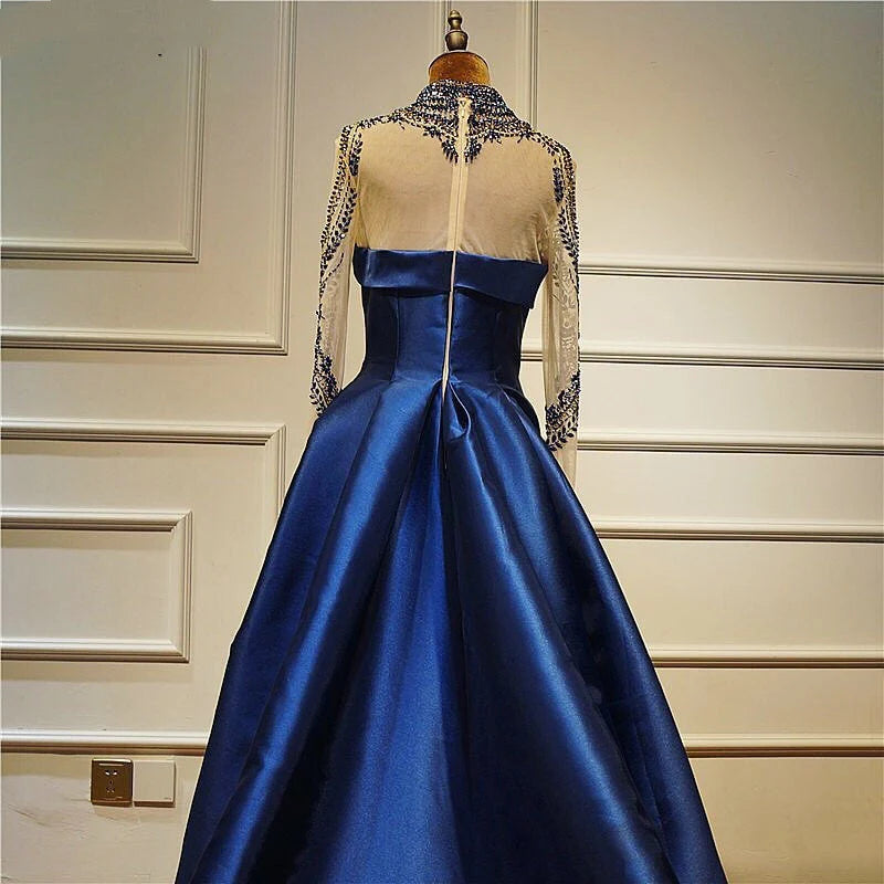 Long Sleeve Prom Dresses High Neck Long Prom Dress Satin Evening Dress