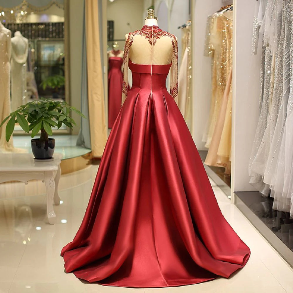 Long Sleeve Prom Dresses High Neck Long Prom Dress Satin Evening Dress