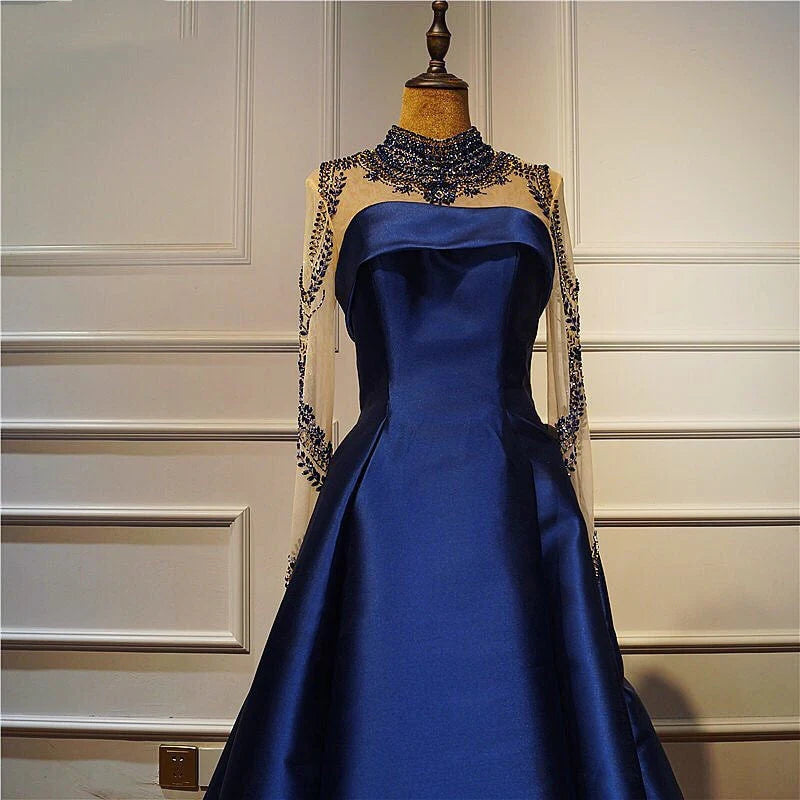 Long Sleeve Prom Dresses High Neck Long Prom Dress Satin Evening Dress