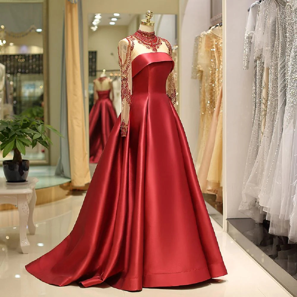 Long Sleeve Prom Dresses High Neck Long Prom Dress Satin Evening Dress