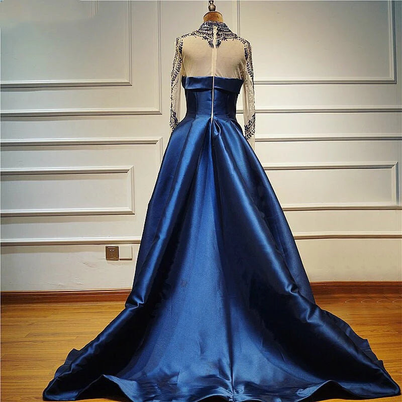 Long Sleeve Prom Dresses High Neck Long Prom Dress Satin Evening Dress