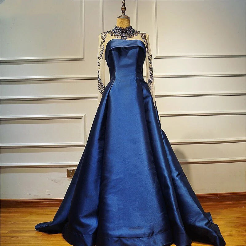 Long Sleeve Prom Dresses High Neck Long Prom Dress Satin Evening Dress