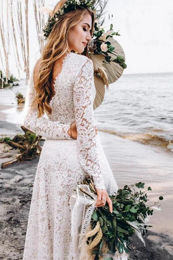 Long Sleeve Rustic Wedding Dresses Lace Appliqued Beach Wedding Dress
